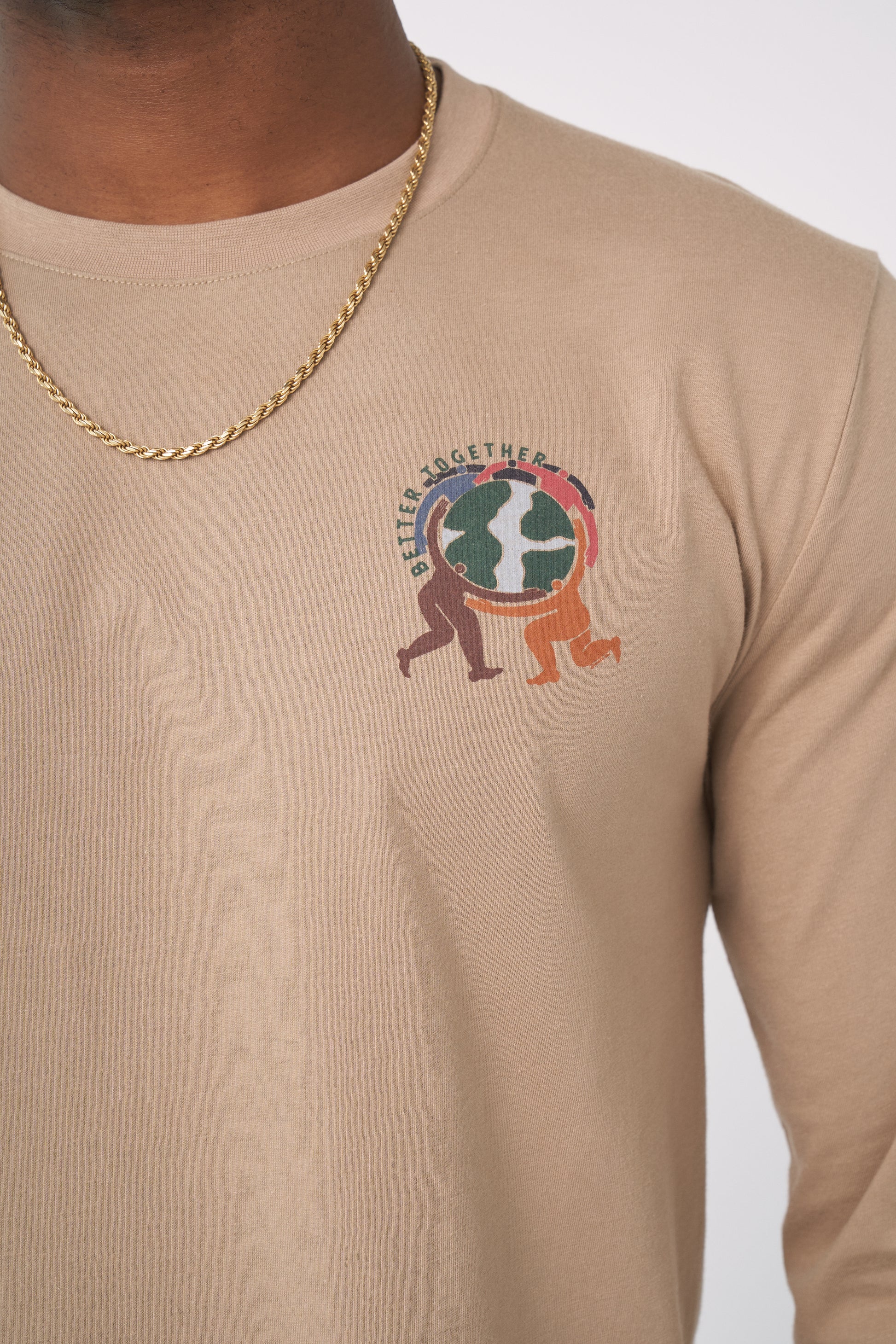 Ash Earth Circle - Long-Sleeve Graphic Tee (Detail): Close-up chest graphic shows globe with colorful figures and 'Better Together' text