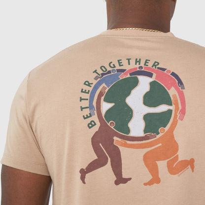 Better Together Graphic Tee (Detail): Back of tan tee showing colorful globe graphic with diverse figures hugging Earth