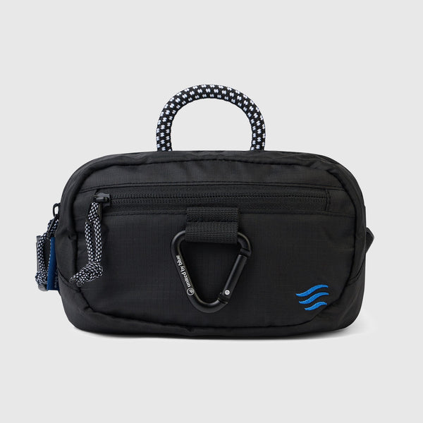 Black (Re) Active Bum Bag (Front): Black bag with front zipper, carabiner clip, rope handle, and blue wave logo