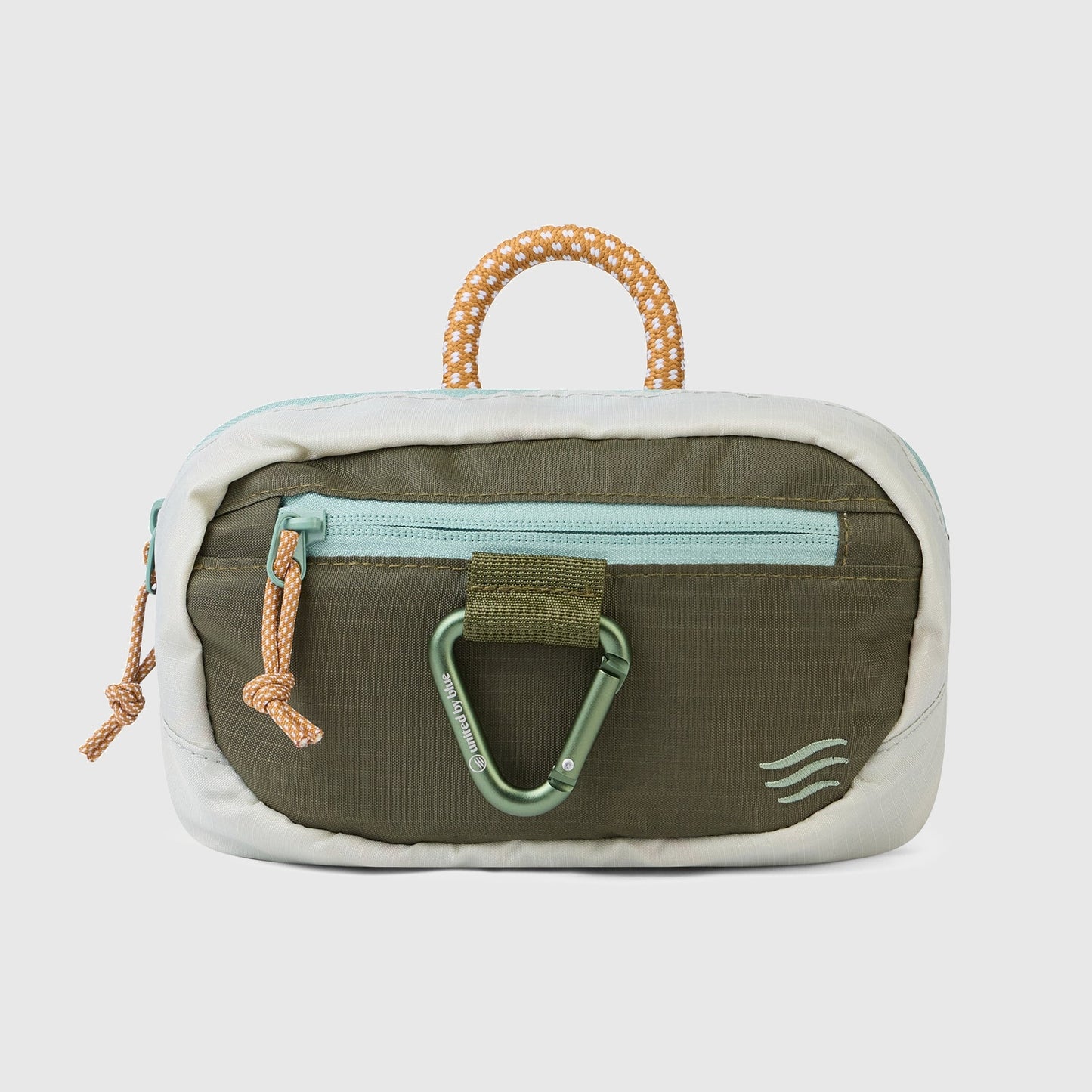 Olive (Re) Active Bum Bag (Front): Olive ripstop bum bag with cream trim, orange-cream rope handle, and green carabiner