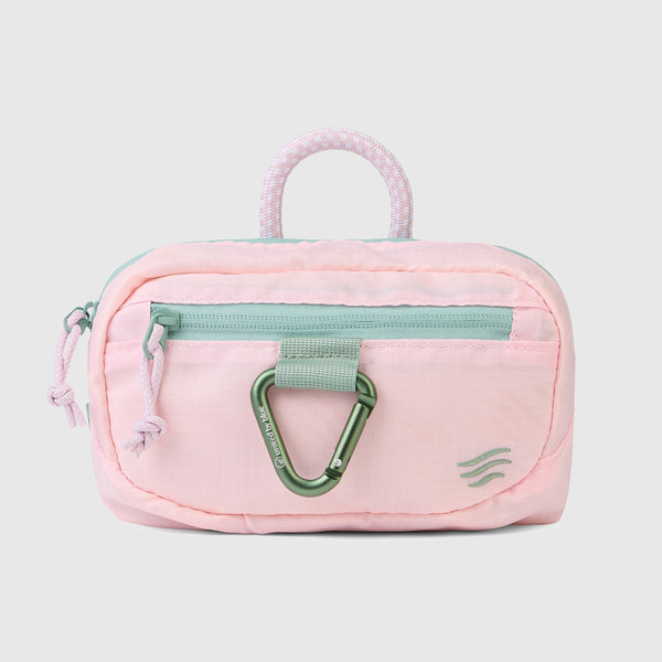 Lt. Pink (Re) Active Bum Bag (Front): Light pink pouch with green zipper, carabiner clip, and rope handle