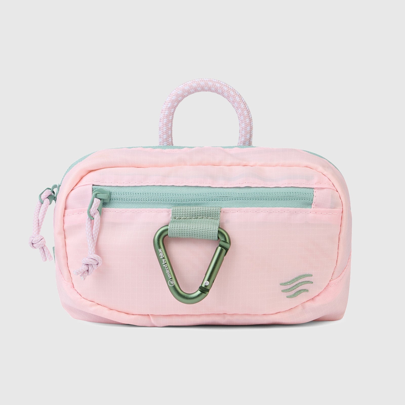 Lt. Pink (Re) Active Bum Bag (Front): Blush pink bum bag with mint zipper, green carabiner clip, and pink rope handle