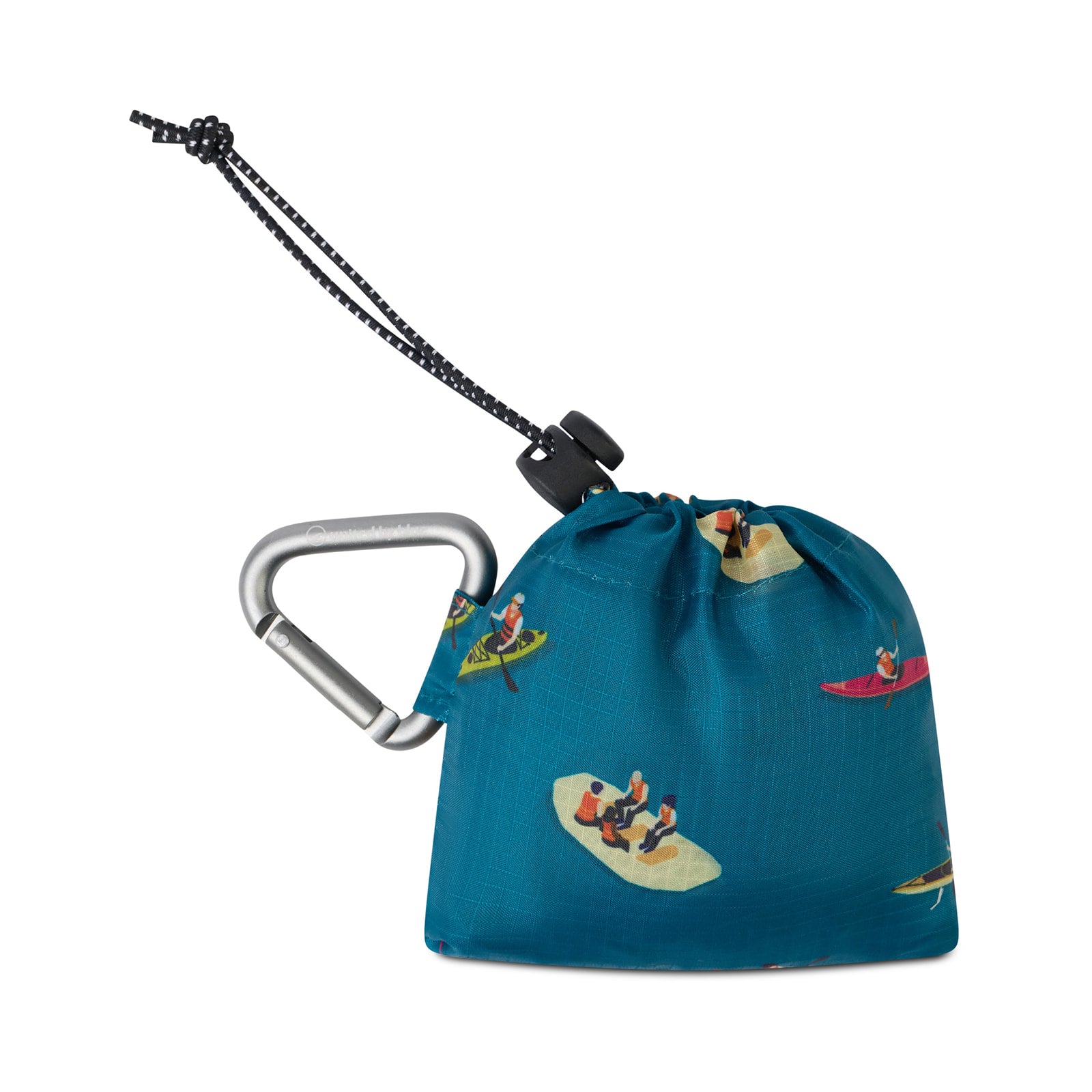 Teal The Packable Tote (Packed): Teal kayak-print packable tote folded into stuff sack with silver carabiner clip and bungee toggle