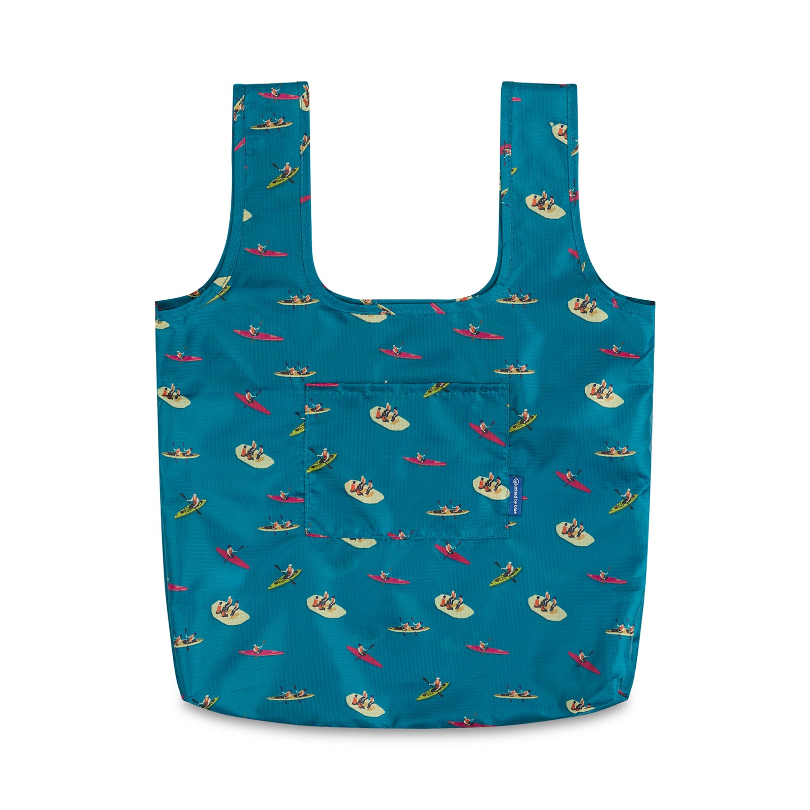 Teal The Packable Tote (Front): Teal packable tote with kayak print, two long straps, and front patch pocket