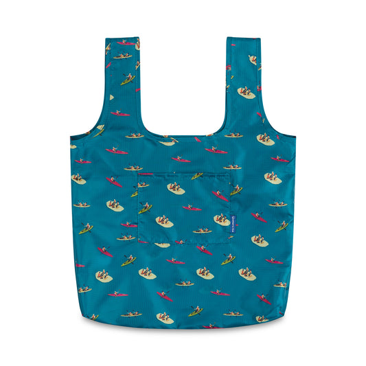 Teal The Packable Tote (Front): Teal packable tote with kayak print, two long straps, and front patch pocket