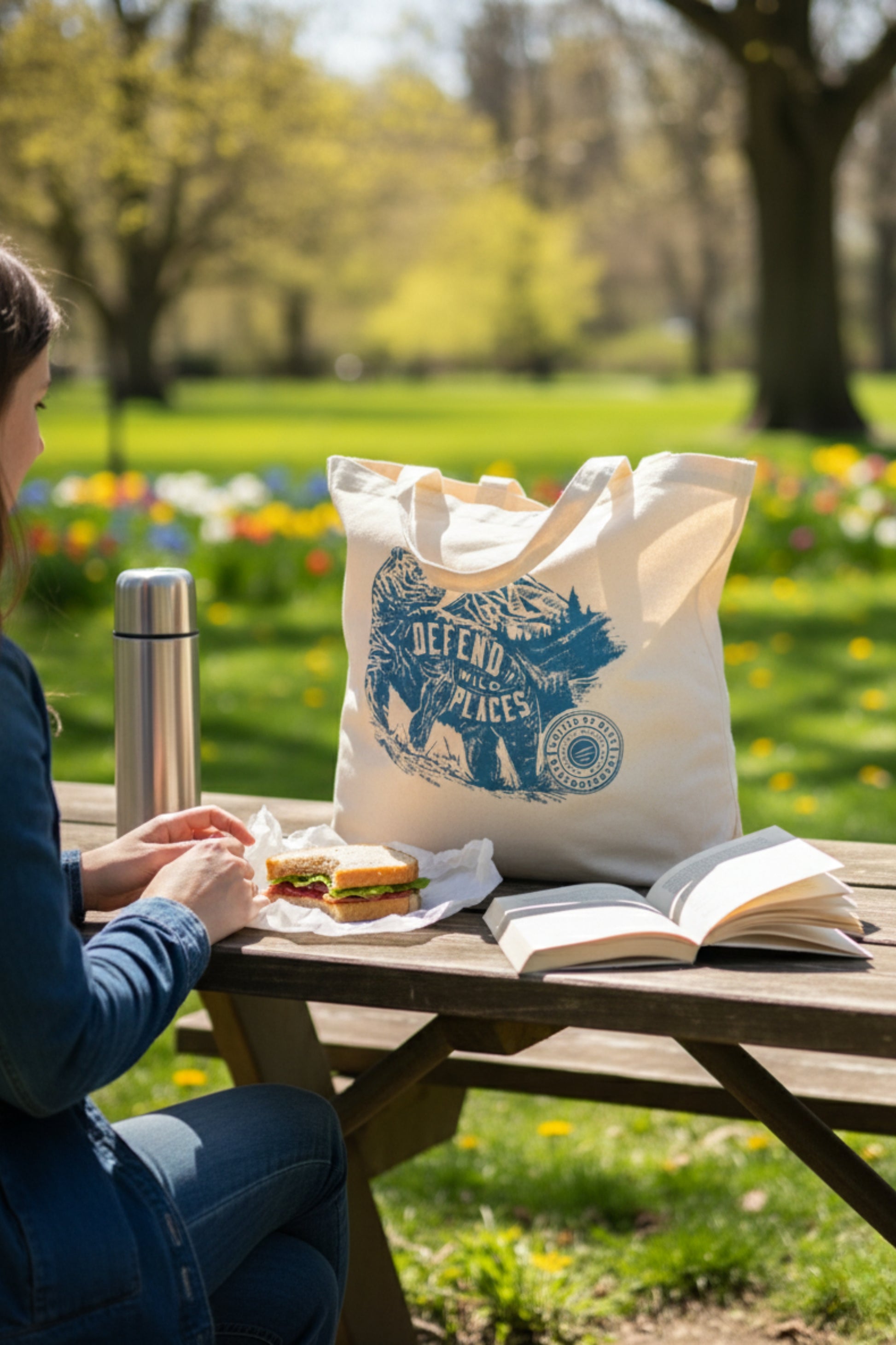 Defend Wild Places My Favorite Daily Tote (Lifestyle): Canvas tote with blue bear print on picnic table in sunny park