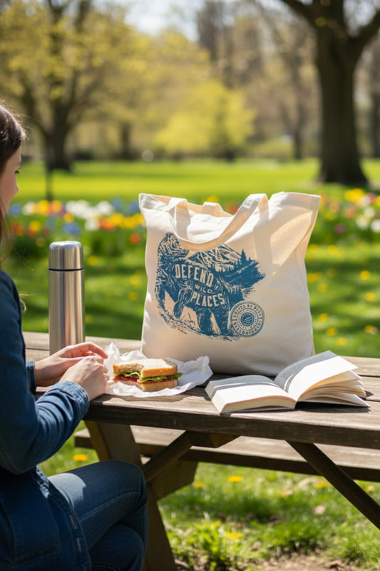 Defend Wild Places My Favorite Daily Tote (Lifestyle): Cream canvas tote with blue bear print on picnic table outdoors