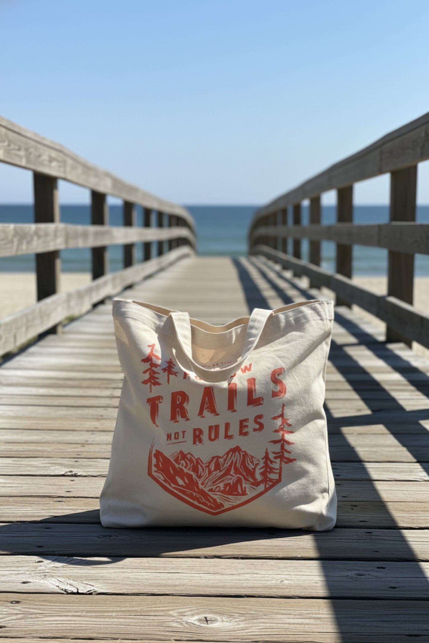 Follow Trails Not Rules My Favorite Daily Tote (Lifestyle): Cream canvas tote with red mountain and pine print on wooden boardwalk