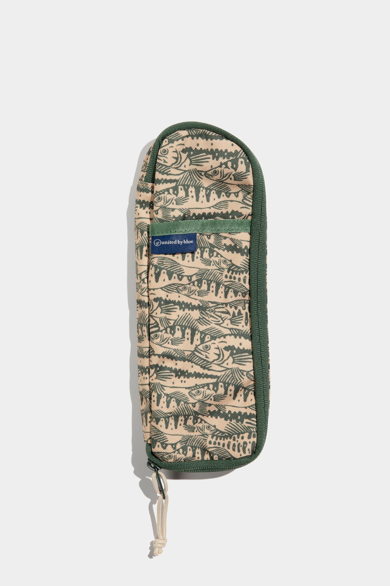 Pine The Utensil Pack - Perfect for Packed Lunches (Front): Beige canvas case with green fish print, front pocket, and side zipper