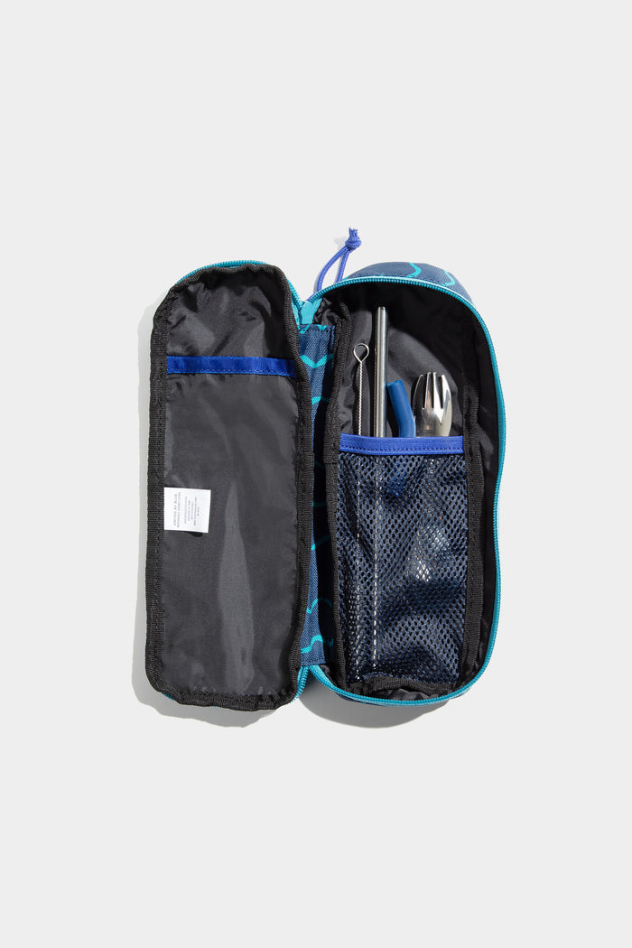 Navy - Geo Waves The Utensil Pack - Perfect for Packed Lunches (Detail): Open navy geometric pouch revealing cutlery, metal straw, and mesh interior pocket