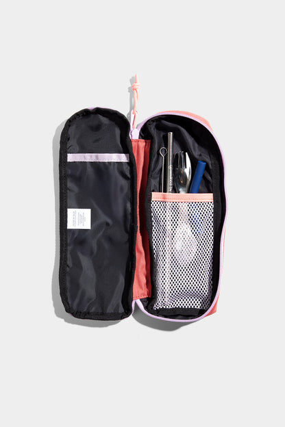 Cortado The Utensil Pack - Perfect for Packed Lunches (Detail): Open coral case with mesh pocket holding utensils, straw, and pen