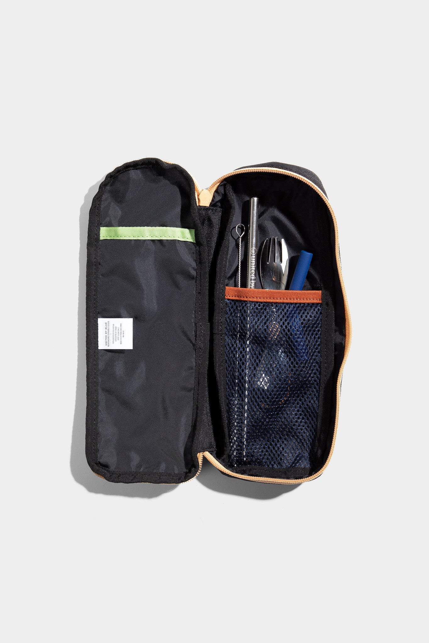 Black The Utensil Pack - Perfect for Packed Lunches (Detail): Open black case showing mesh pocket, utensils, straw, and interior flat pocket