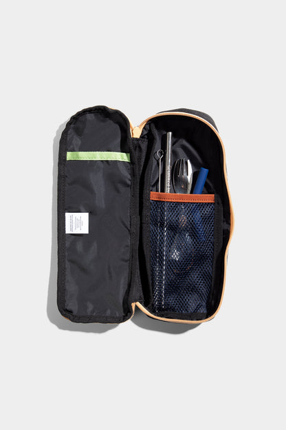 Black The Utensil Pack - Perfect for Packed Lunches (Detail): Open black case showing mesh pocket, utensils, straw, and interior flat pocket