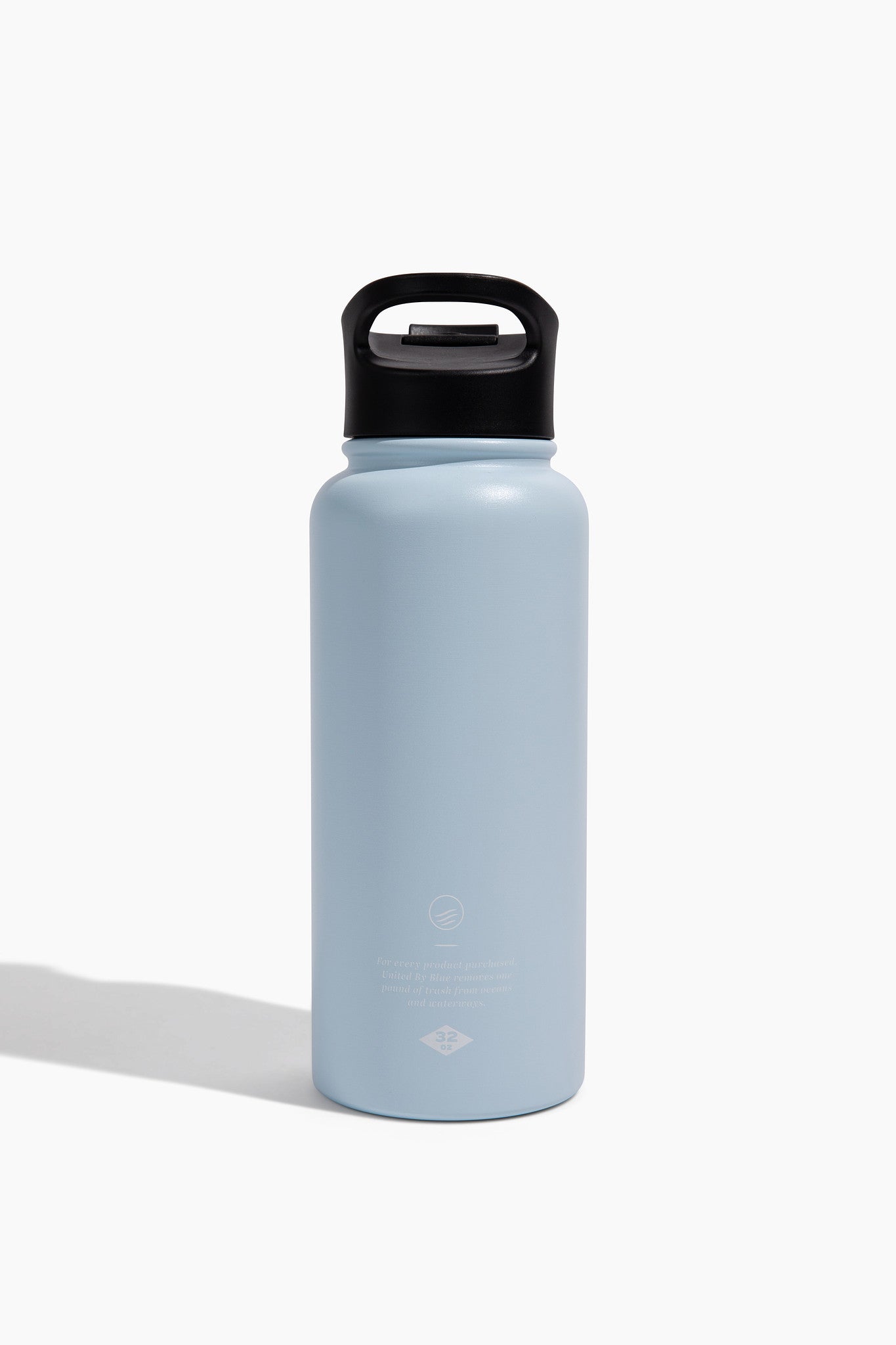 Eggshell - Reuse Bottle - 23 Oz. Insulated Stainless Steel (Back): Light blue insulated steel bottle with black carry-handle lid, small back logo