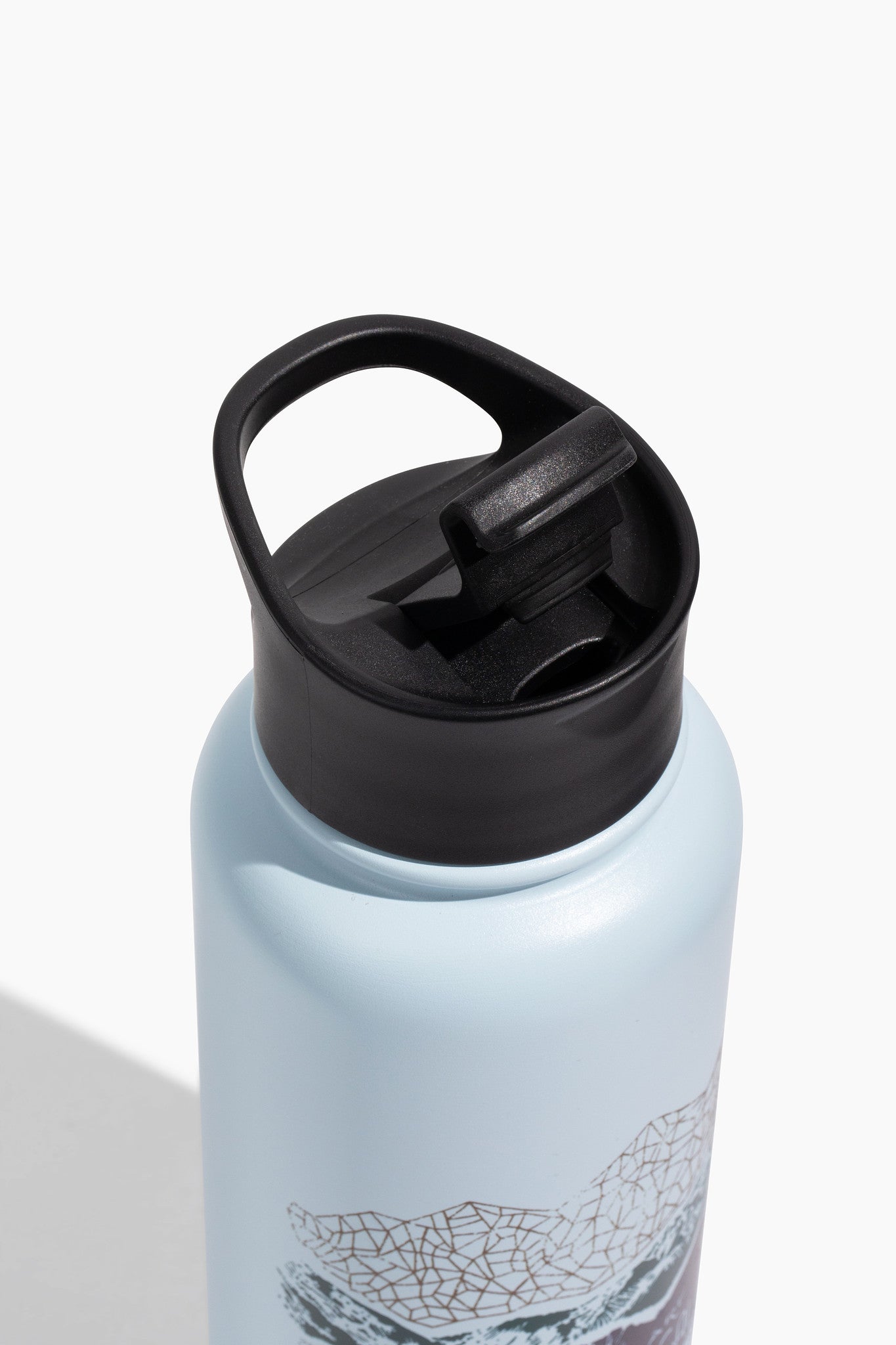 Mountains Are Calling Bottle - 23 Oz. Insulated Stainless Steel (Detail): Light blue insulated bottle top with black flip-top lid and handle