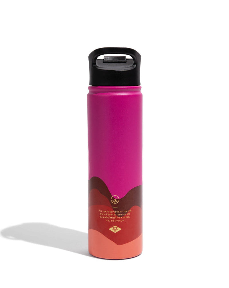 Sherbet - Sunrise Bottle - 22 Oz. Insulated Stainless Steel (Front): Pink bottle with layered coral and dark red wave pattern at base