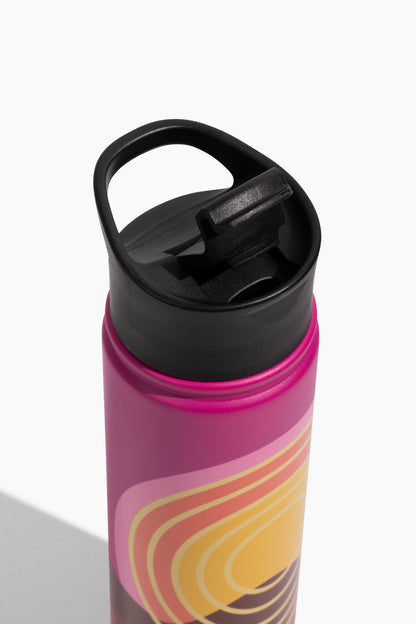 Sherbet - Sunrise Bottle - 22 Oz. Insulated Stainless Steel (Detail): Close-up of black carry handle lid on magenta bottle with rainbow swirl pattern