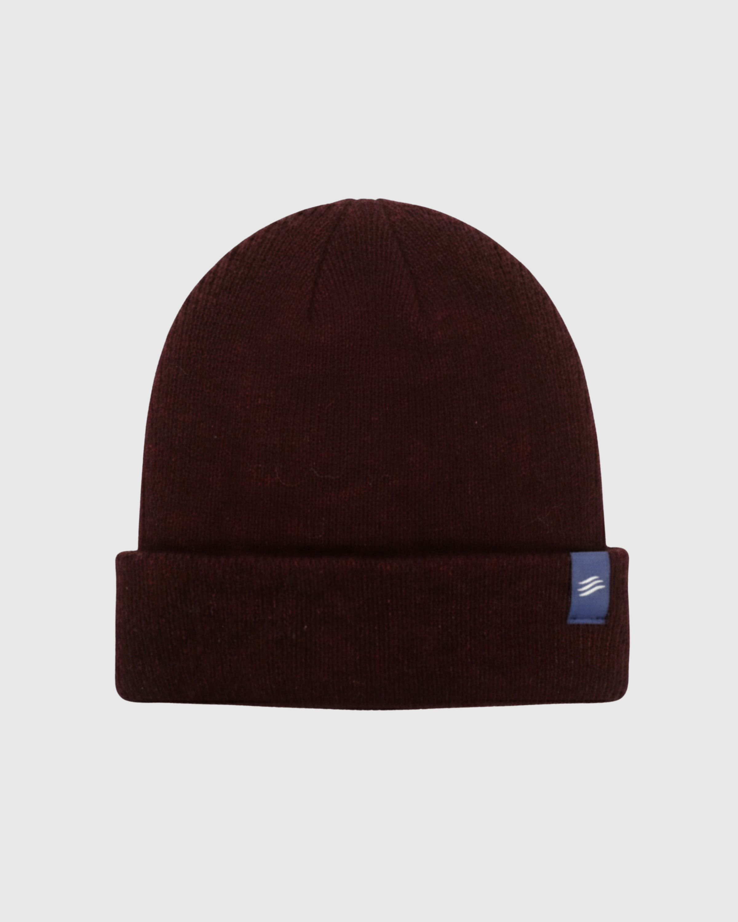 Burgundy Classic Yak Beanie (Front): Dark red knit beanie with folded cuff and small blue logo patch