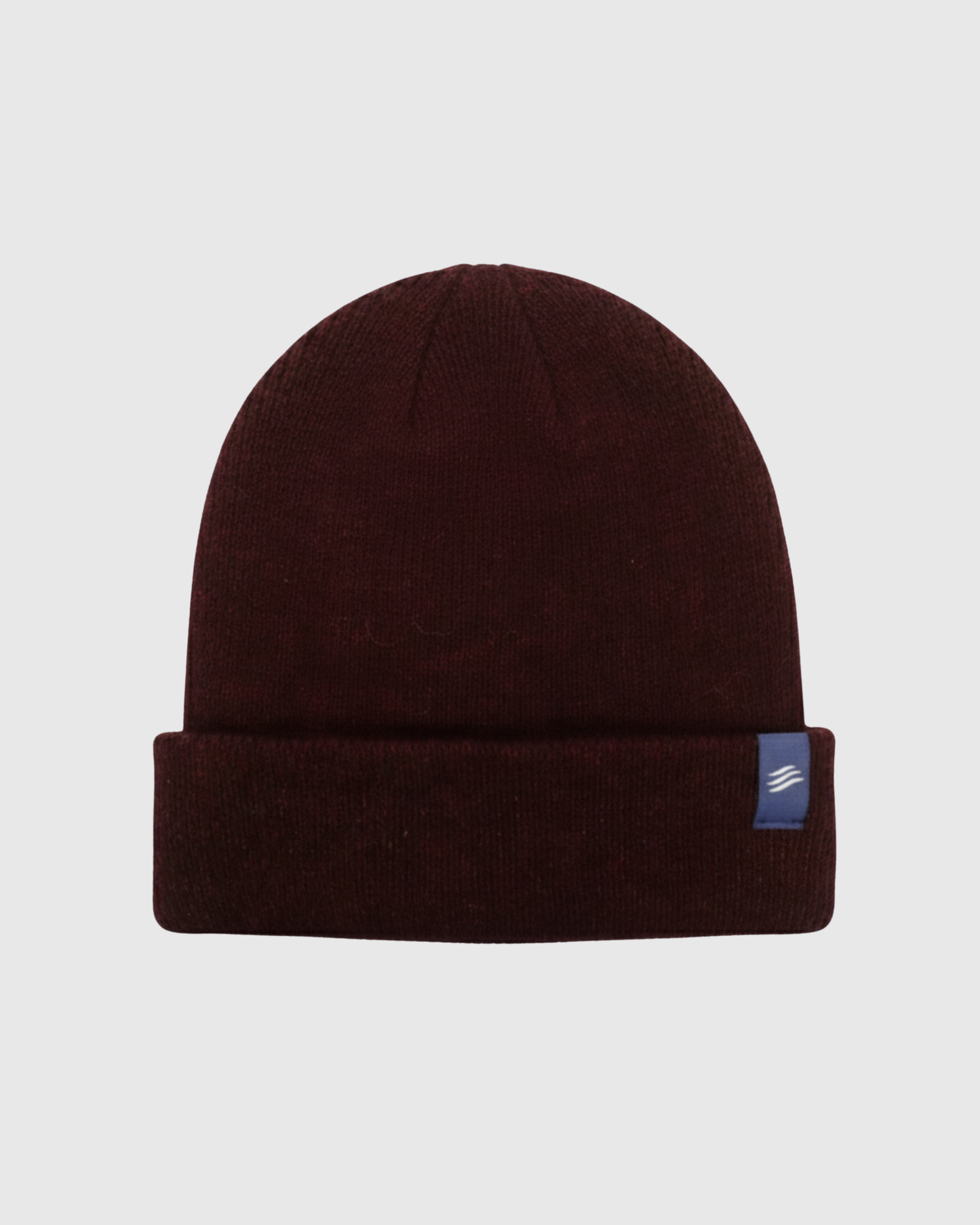 Burgundy Classic Yak Beanie (Front): Dark red knit beanie with folded cuff and small blue logo patch