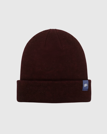 Burgundy Classic Yak Beanie (Front): Dark red knit beanie with folded cuff and small blue logo patch