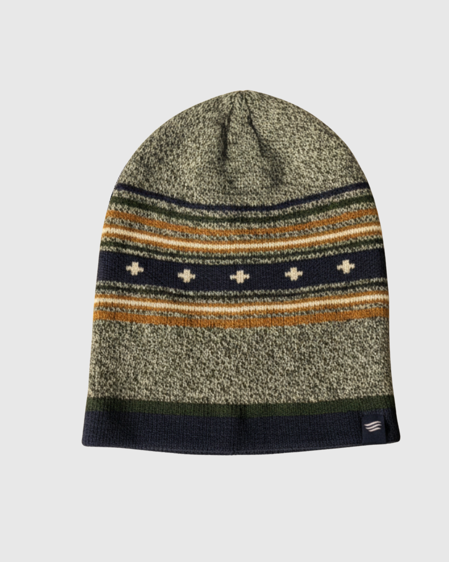 Teal Merino Wool Slouchy Modern Fair Isle Beanie (Flat-lay): Heathered olive beanie with navy stripe, cross motifs, and rust accents