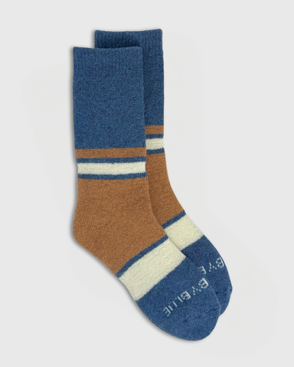Brown Yak Wool - Ultimate Full Cushion Boot Sock (Angle): Crew sock with blue cuff, brown mid-section, and cream stripe accents