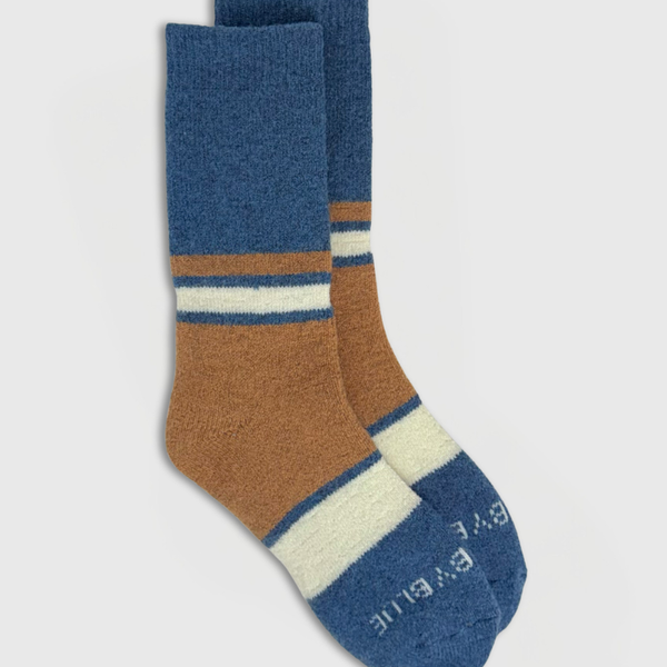 Blue Stripe Yak Wool - Ultimate Full Cushion Boot Sock (Angle): Crew socks with blue cuff, tan mid-section, cream and blue stripes at toe