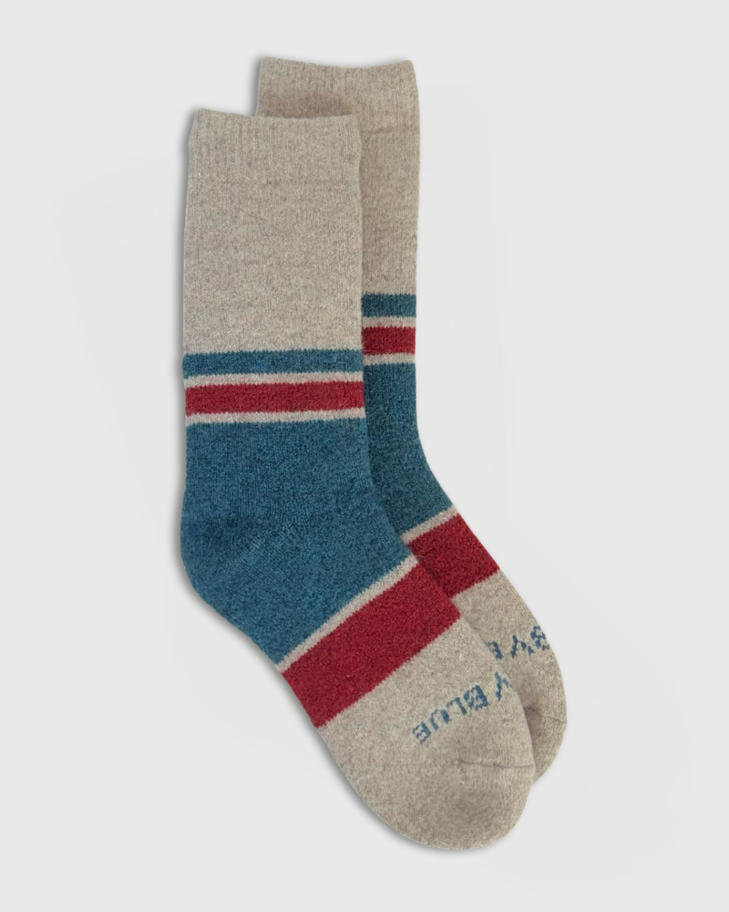 Blue Stripe Yak Wool - Ultimate Full Cushion Boot Sock (Angle): Pair of crew socks with teal, red, and beige horizontal stripes