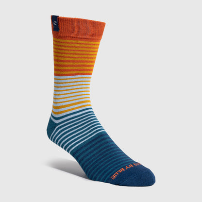 Aqua Stripe IMPACT COLLECTION - Hemp Blend Socks (Angle): Crew sock with orange cuff, gold, light blue, and teal horizontal stripes