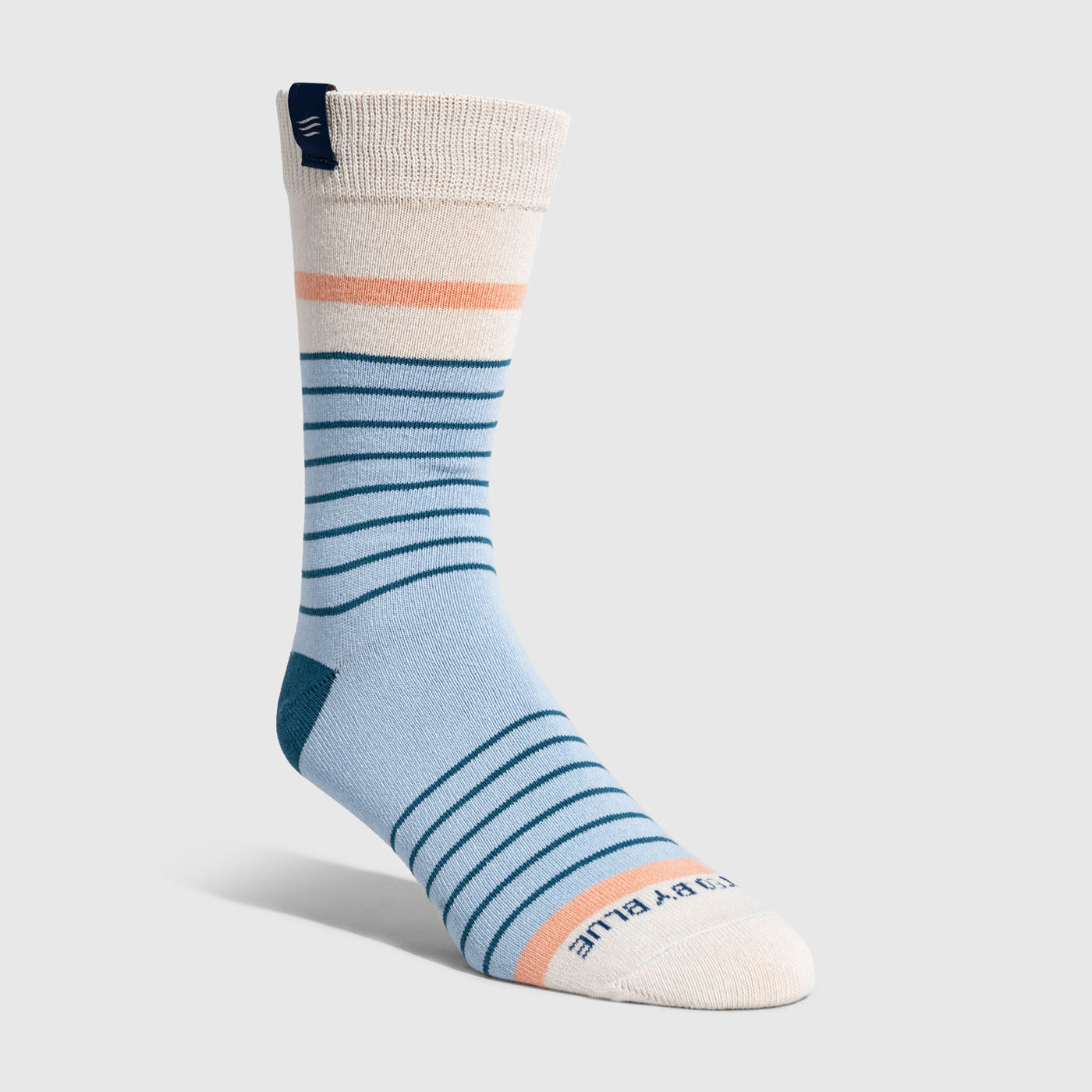 Blue Glass IMPACT COLLECTION - Hemp Blend Socks (Angle): Light blue striped crew sock with peach and cream color-block cuff