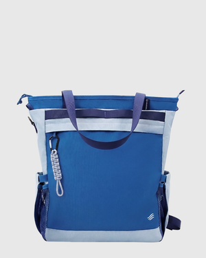 Navy (R)evolution™ 25L Convertible Carryall (Back): Blue tote bag with light blue panels, carabiner zipper pull, mesh side pockets