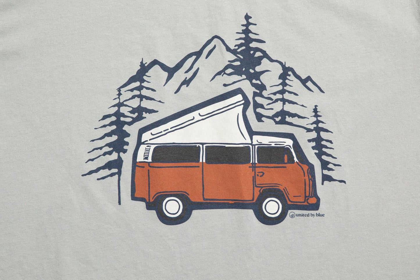 LIMESTONE Adventure Van Graphic Crew (Detail): Light gray fabric with illustrated orange van, pine trees, and mountains graphic