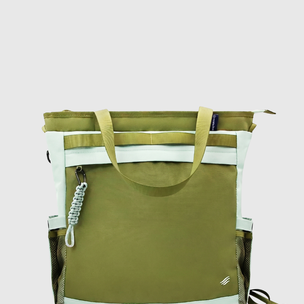 Green Multi tote bag with white accents on a light gray background