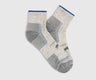 Grey Bison Trail Quarter Sock (Flat-lay): Pair of light grey quarter socks with blue trim and bison logo