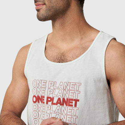 One Planet Light Aqua Graphic Tank (Detail): Light aqua sleeveless tank with repeated red ONE PLANET chest print