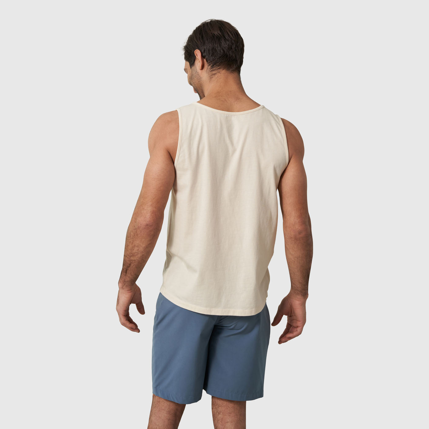 Wave Layers Off White Graphic Tank (Back): Off-white sleeveless tank top, back view, worn by male model