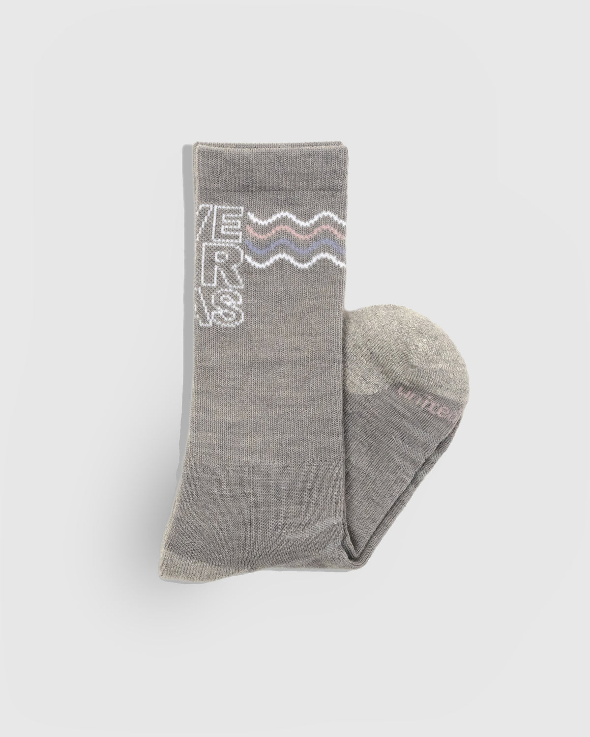 Save Our Seas - Heather Merino Wool - Graphic Crew Sock (Detail): Folded grey crew sock showing knit wave graphic and ribbed cuff