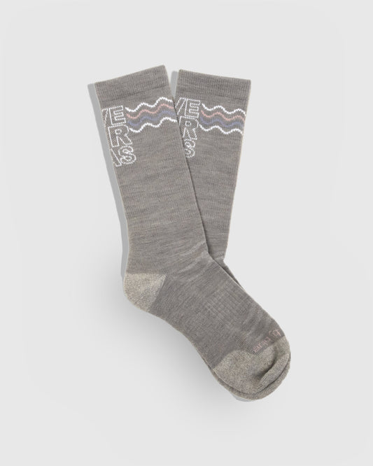 Save Our Seas - Heather Merino Wool - Graphic Crew Sock (Flat-lay): Grey crew socks with white knit text and pink blue wave graphic
