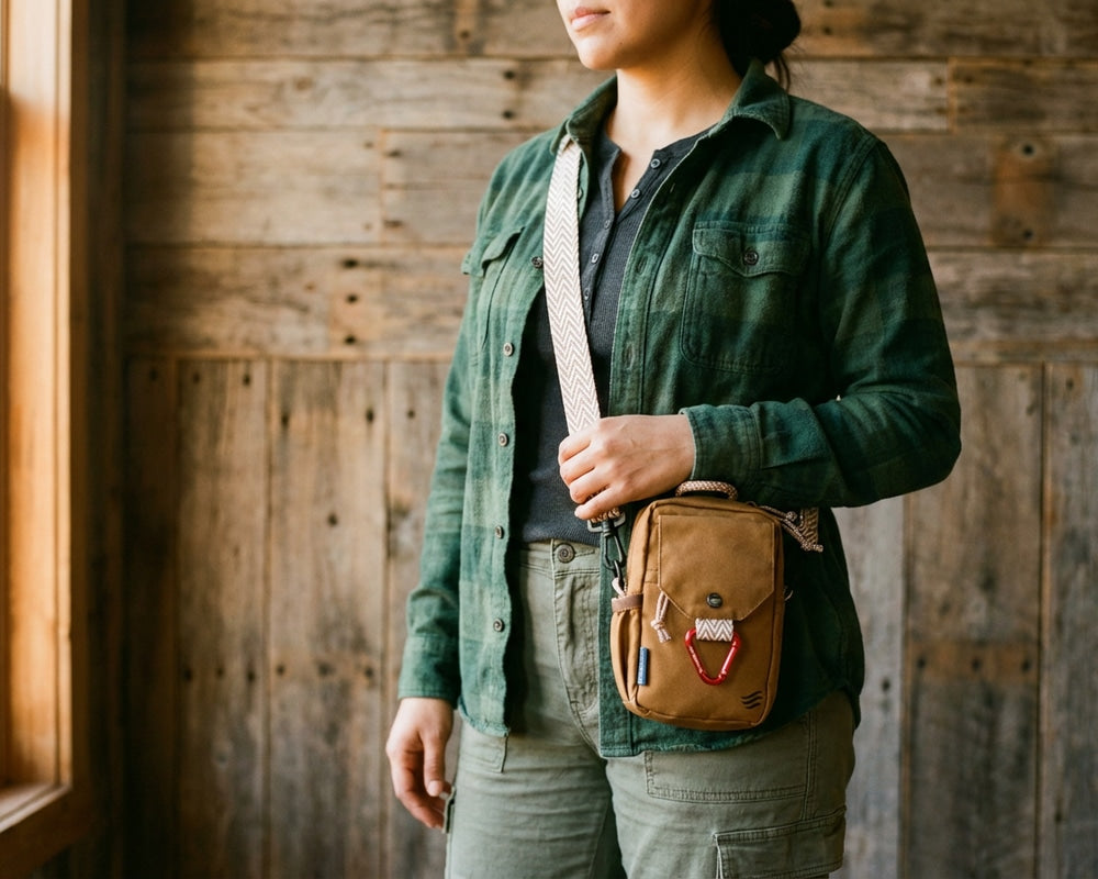 Tigers Eye Bag - Person wearing a green jacket holding a brown crossbody bag against a wooden wall.