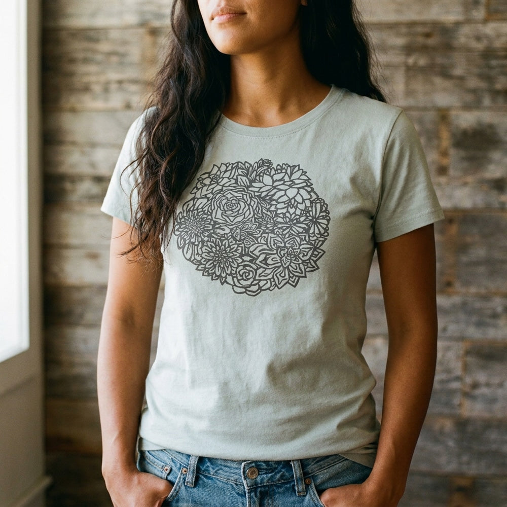 Sky Womens Fit Graphic Tee in 100% Organic Cotton - Succulents (In-use): Light sage tee with dark gray succulent cluster print, worn by woman