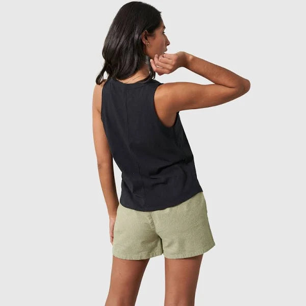 Black Women's SoftHemp™ High Neck Tank (Back): Dark sleeveless tank shown from back on brunette model, high neckline