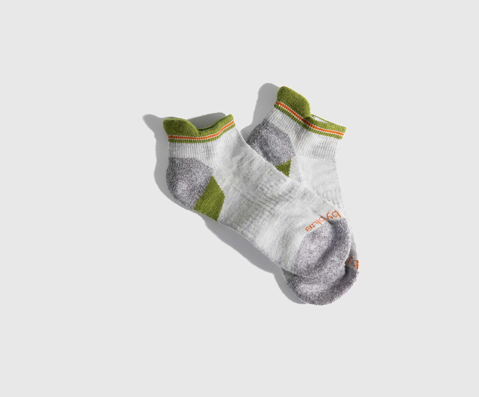 Grey Stripe Merino Wool - Low Cut Sock (Angle): Pair of low-cut ankle socks, light grey with olive green and orange accents