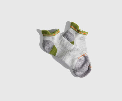 Grey Stripe Merino Wool - Low Cut Sock (Angle): Pair of low-cut ankle socks, light grey with olive green and orange accents