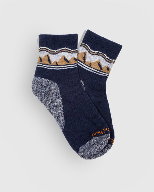 Midnight Merino Wool - Quarter Sock - New Color (Flat-lay): Navy quarter socks with tan and white mountain knit band, marled heel