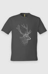 Black Unisex Graphic Tee in 100% Organic Cotton - The Elk (Front): Dark gray tee with white dot-art elk head and antlers graphic centered
