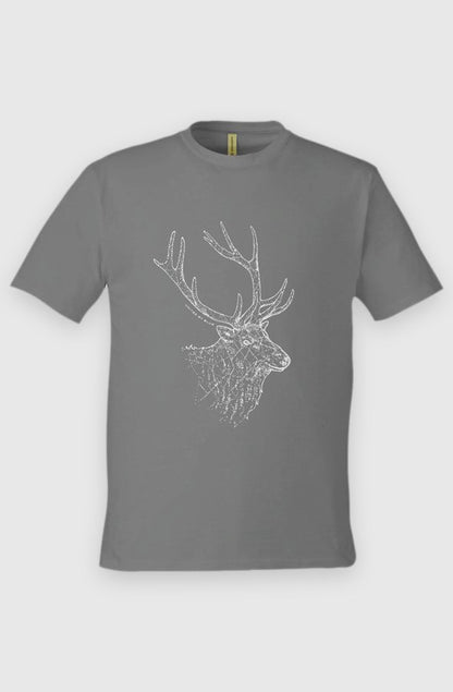 charcoal Unisex Graphic Tee in 100% Organic Cotton - The Elk (Front): Charcoal crew-neck tee with white line-art elk head and antlers graphic