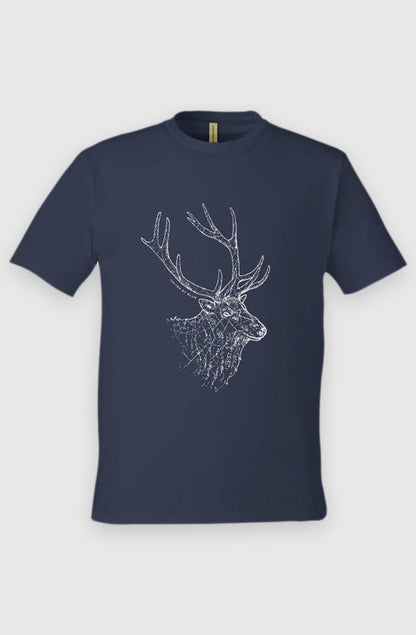 navy Unisex Graphic Tee in 100% Organic Cotton - The Elk (Front): Navy crew neck tee with white elk head and antlers graphic print