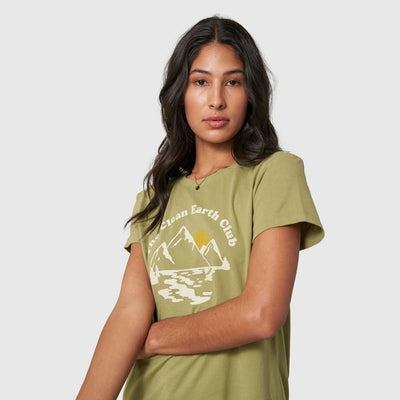 Sage The Clean Earth Club Graphic Tee (Angle): Light olive tee with cream mountain landscape and yellow sun graphic print