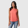 Coral Women's SoftHemp™ High Neck Tank (Front): Coral sleeveless high-neck tank with curved hem, worn with blue jeans