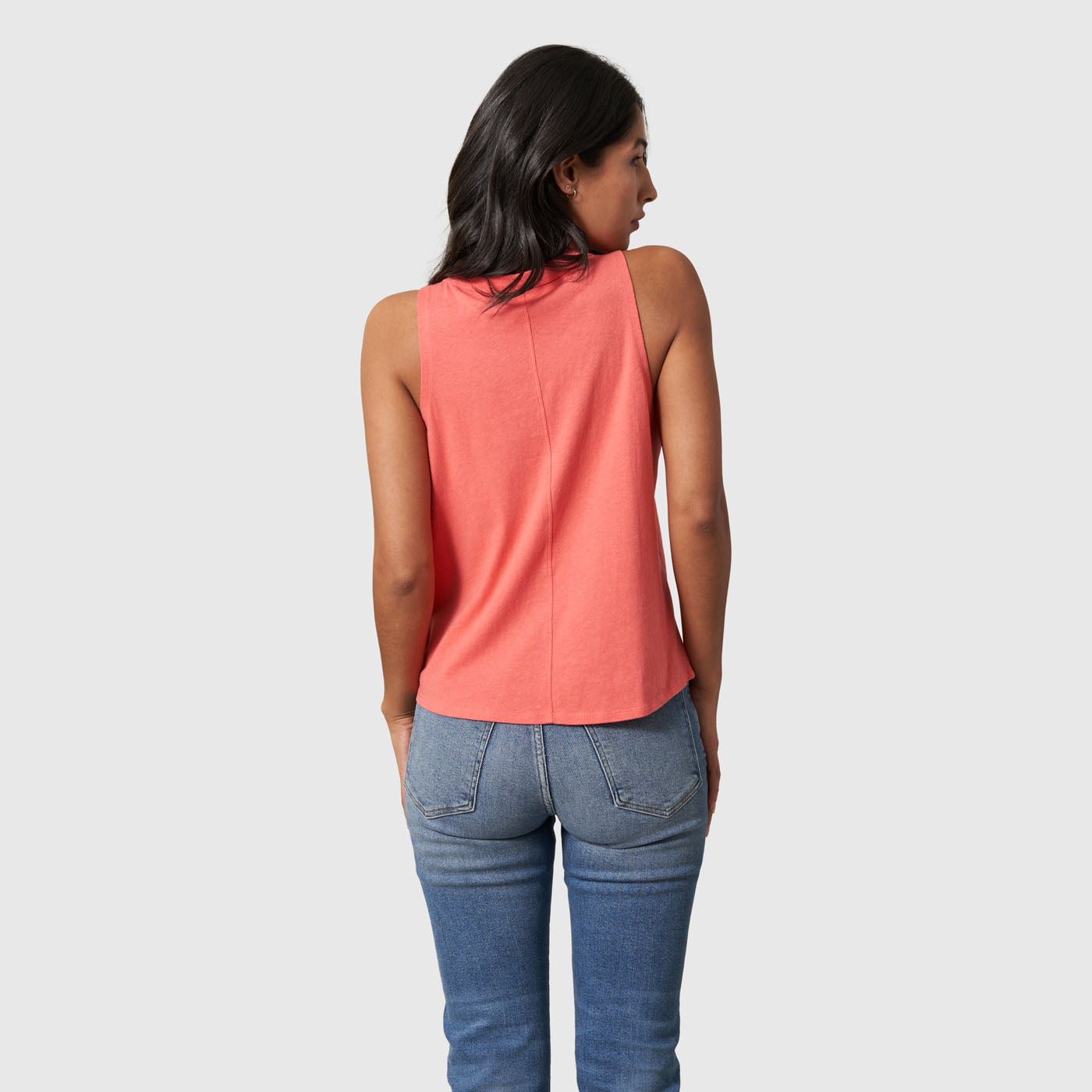 Coral Women's SoftHemp™ High Neck Tank (Back): Back view of coral sleeveless tank with center seam detail